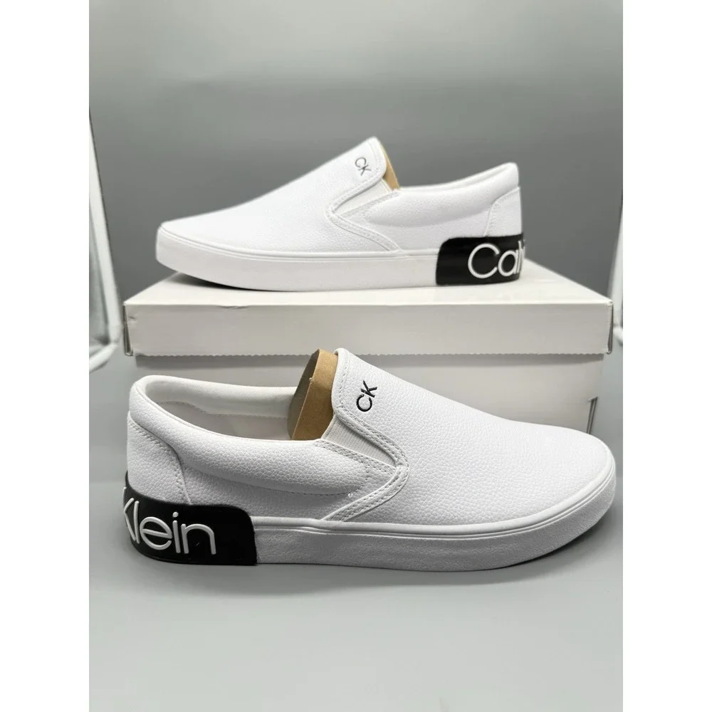 Calvin Klein Slip-On Sneakers RYOR2‎ Men's 9 White Leather CK Logo Casual Shoes